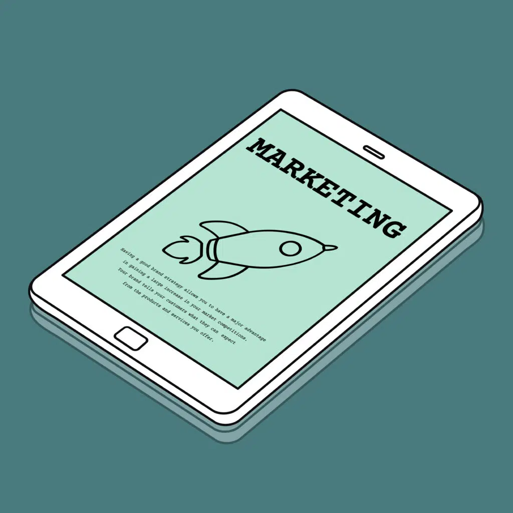 representação digital de um tablet aberto em uma página de marketing