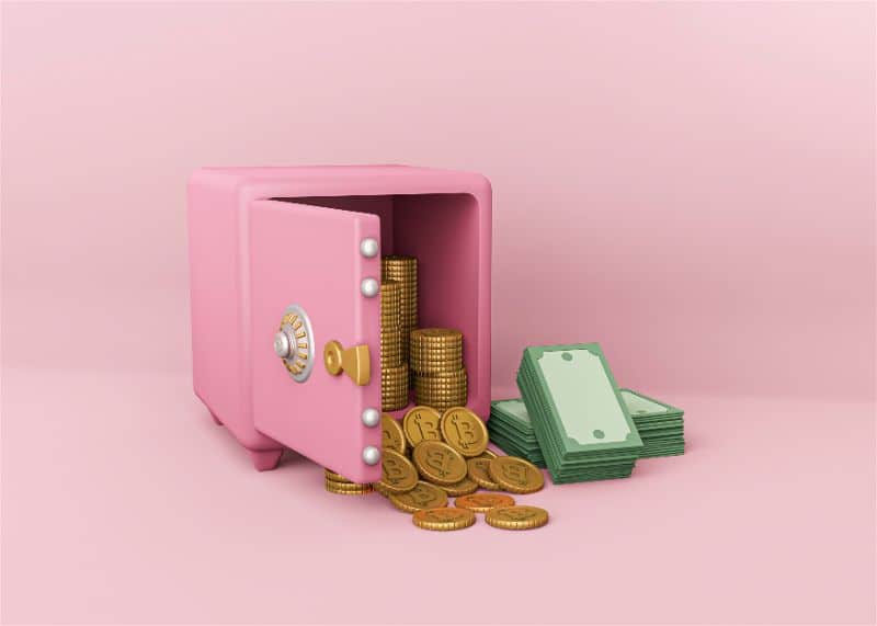representação de um cofre digital  na cor rosa cheio de moedas e dinheiro em papel
