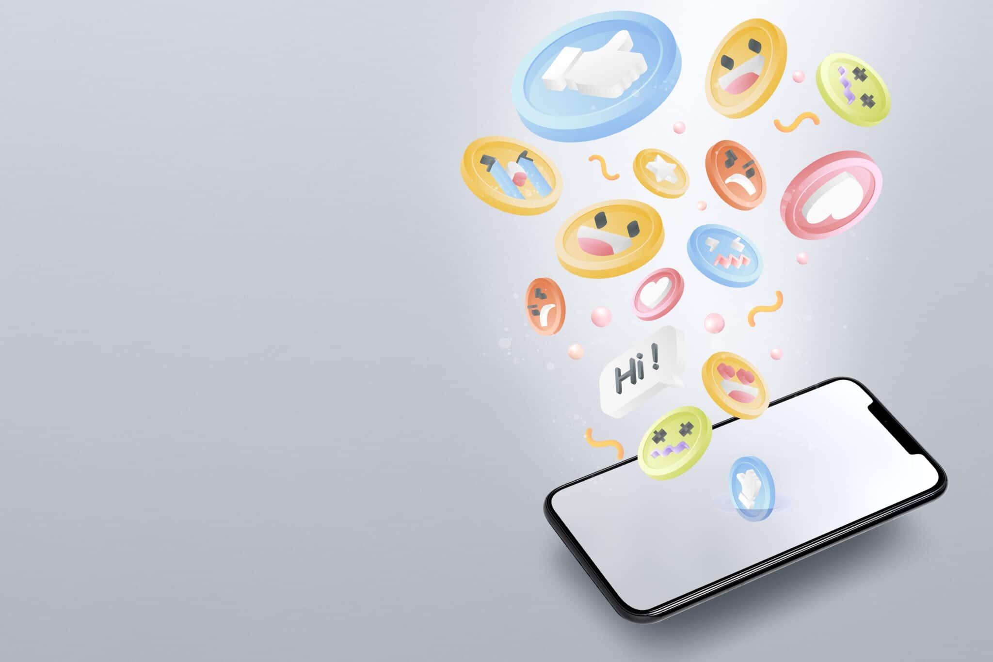 Ilustração de emojis saindo da tela do celular