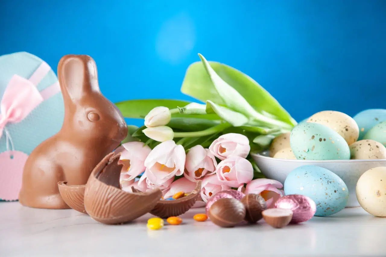 Coelho de Páscoa e ovinhos de chocolate