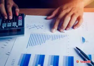 Pessoa analisando um gráfico e usando uma calculadora