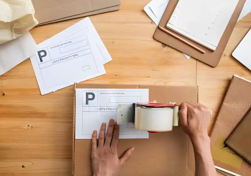 vista superior da mão da gerente selando caixa de papelão com pedido embalado do cliente