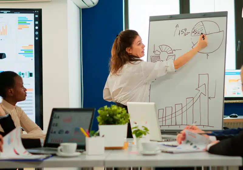líder de gestão fazendo apresentação de marketing para colegas de trabalho 