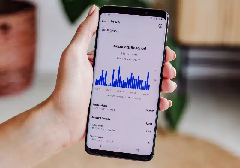mão de mulher segurando celular de frente com a paginas de contas alcançadas do Instagram 