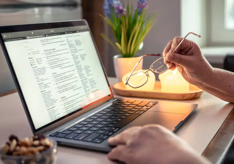 pessoas mexendo no laptop segurando óculos 