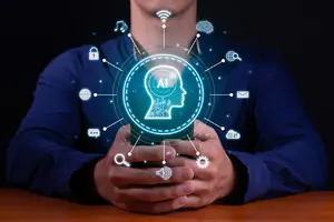 Pessoa segurando smartphone com ícones de IA